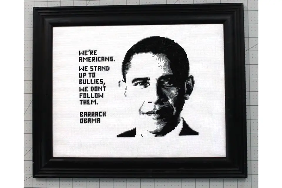 Framed cross stitch of Barrack Obama