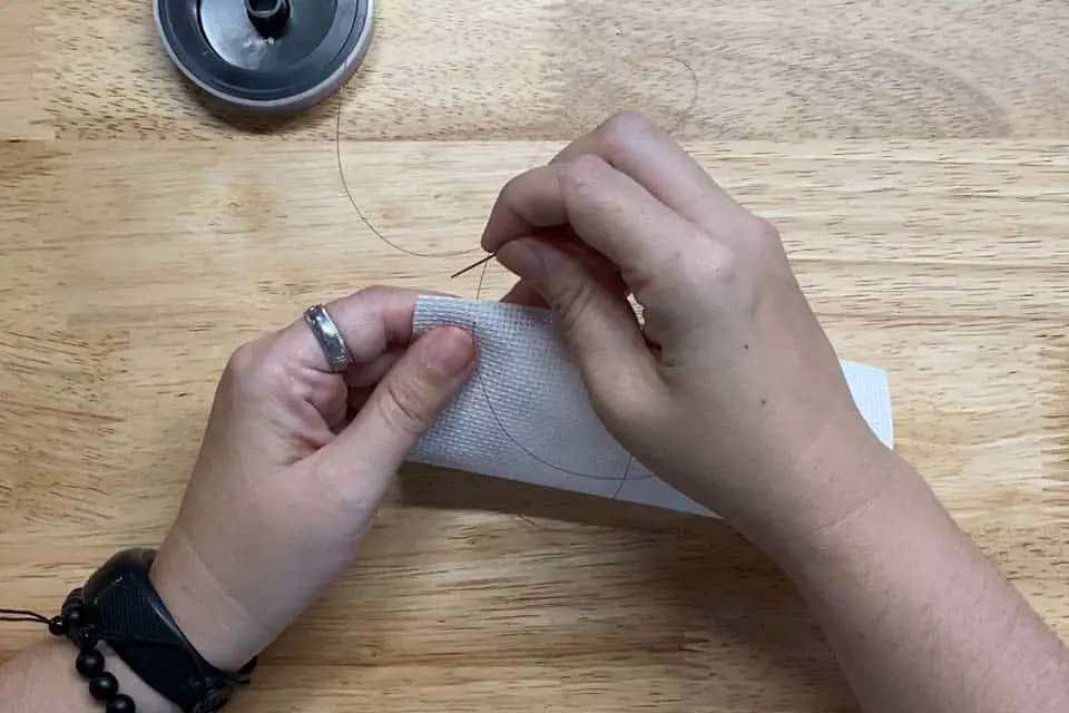 Two hands holding aida cloth through which a needle has pierced with easy count guidline